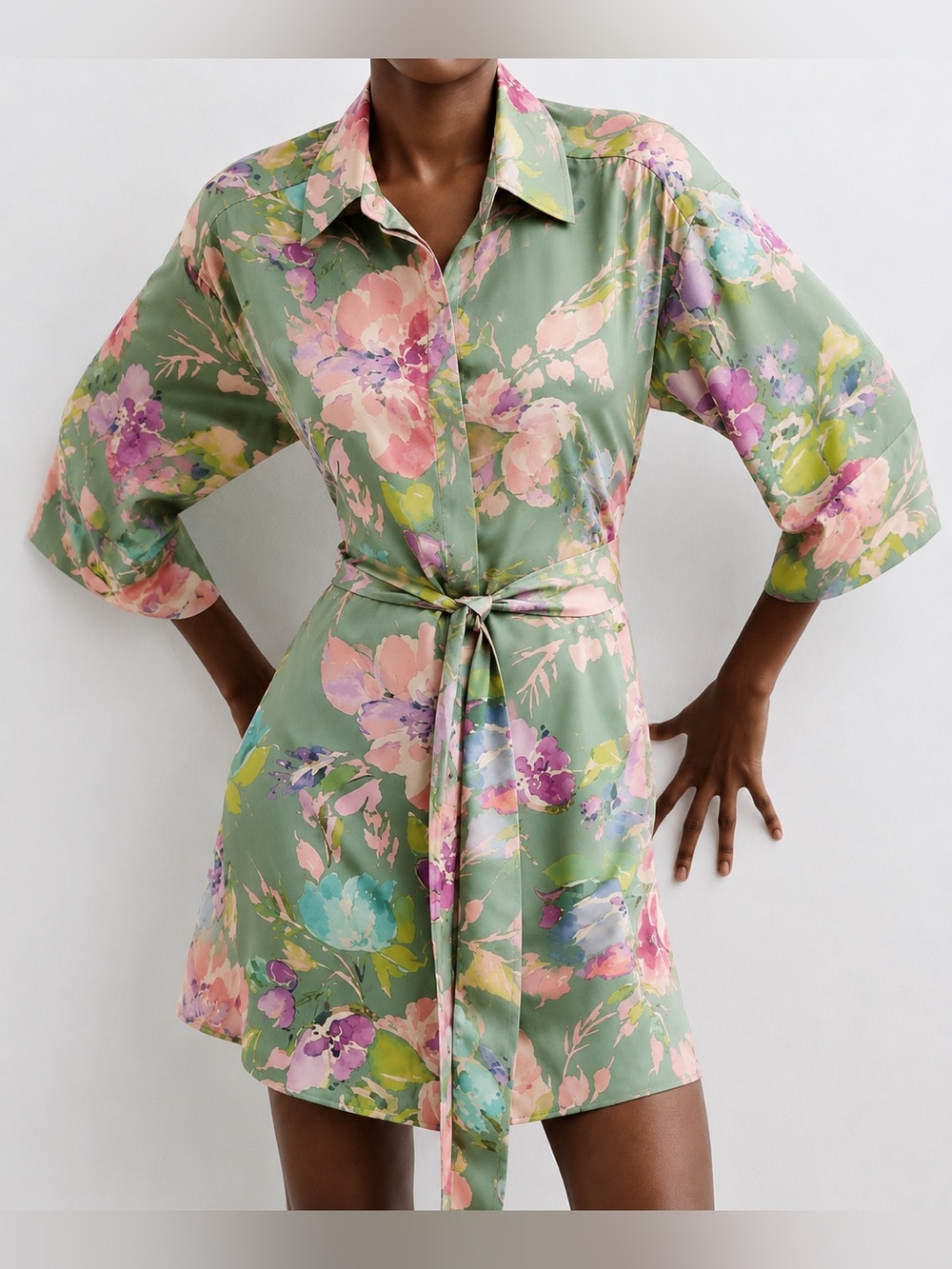 Zara NWT green floral satin shirt dress, small